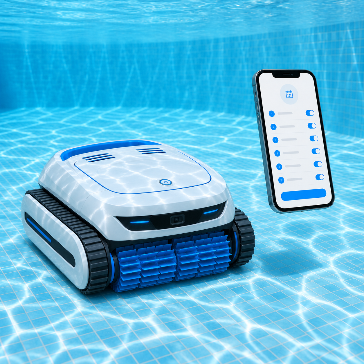 Cleaning robot on the pool floor next to a phone with the scheduling app open