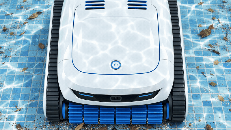 Robot picking up debris from the pool floor, with a close-up of the internal basket collecting grime
