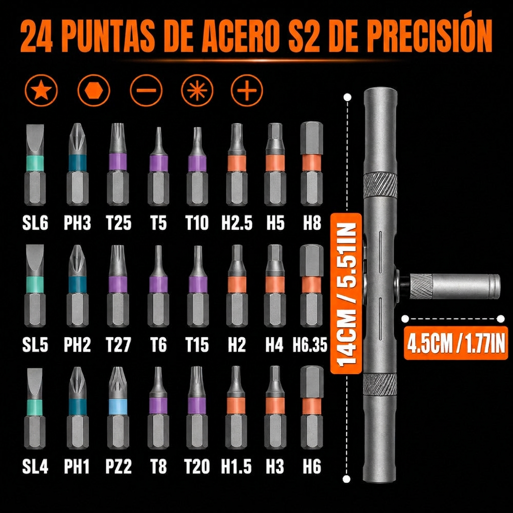 24 puntas de acero S2 — para todo lo que atornillas