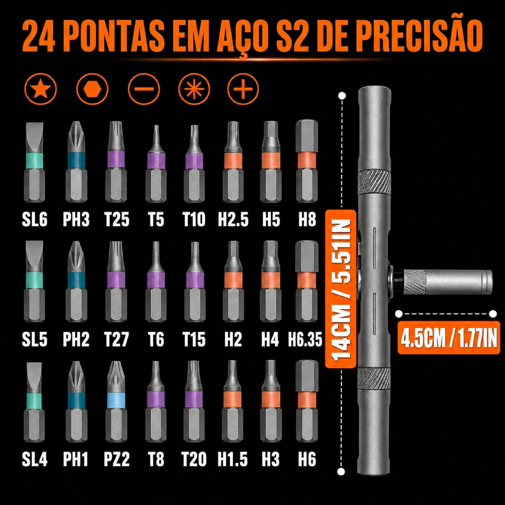24 pontas em aço S2 — para tudo o que aparafusa