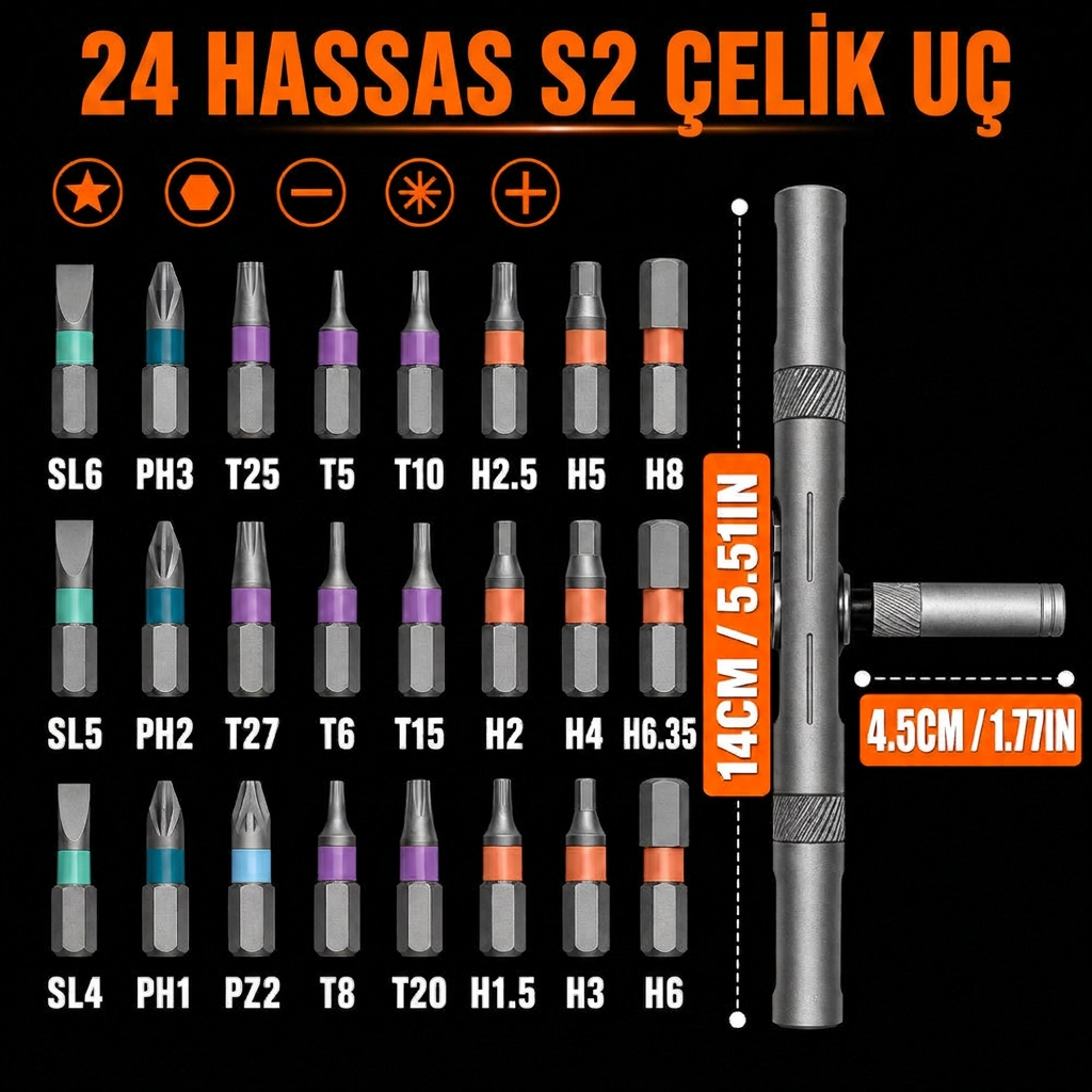 24 S2 çelik uç — vidaladığınız her şey için